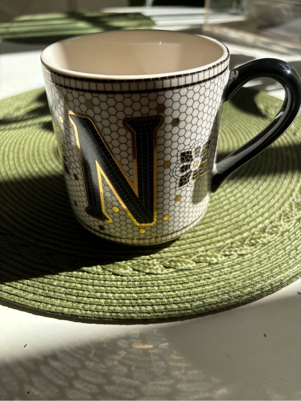 Anthropologie Bistro Tile Margot stoneware Monogram 'N' Ceramic Mug